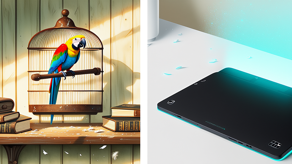 左边是笼中鹦鹉背书，右边是AI屏幕瞬间完成同样的事