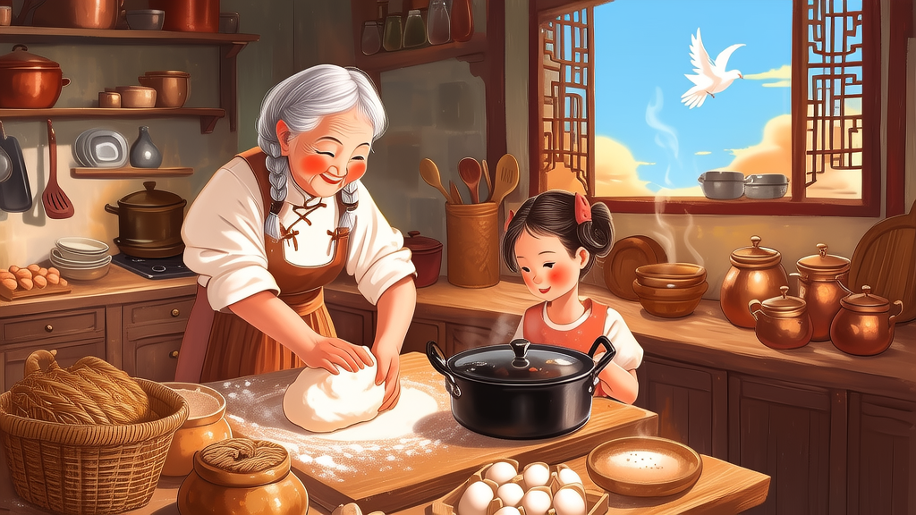 孩子在厨房里和奶奶一起揉面团，窗外小鸟自由飞翔