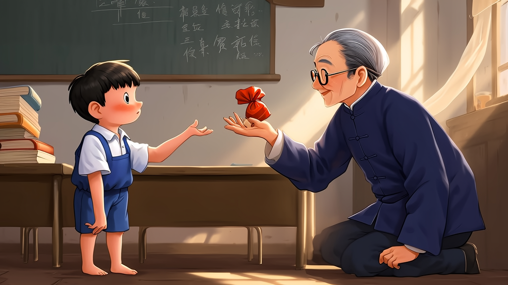 陶校长微笑着递糖给一个惊讶感动的男孩