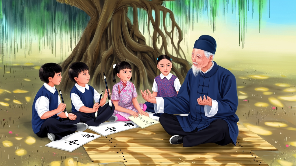 一棵大树下，老师和孩子们围坐，旁边站着一个温柔发光的机器人